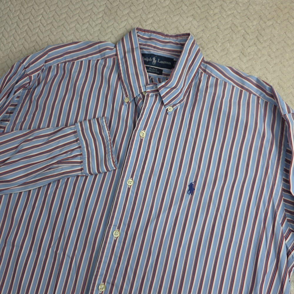 Vintage Ralph Lauren Blake Mens Medium Blue Red Striped Cotton Button Down Shirt - Picture 2 of 10
